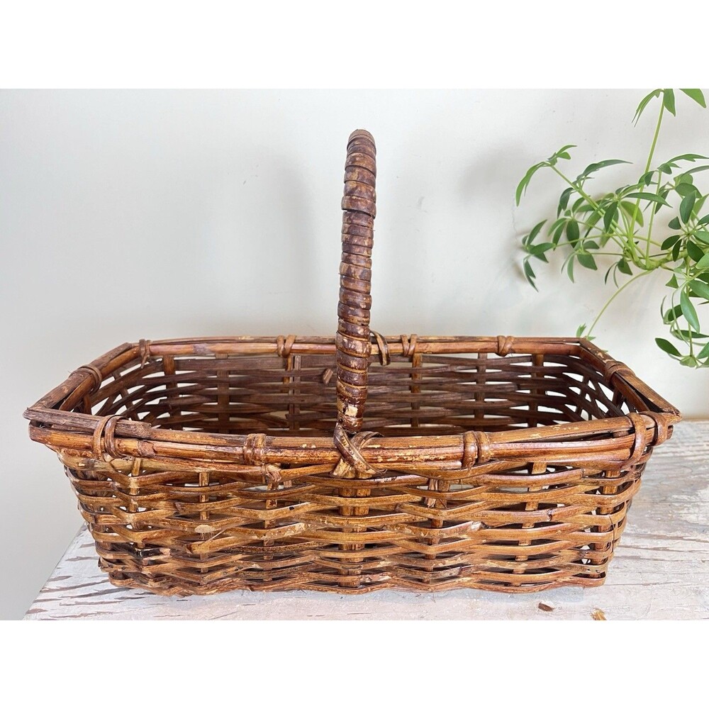 Vintage Woven Rectangular Wicker Gathering Decor Tall Arched Handle Basket Farm